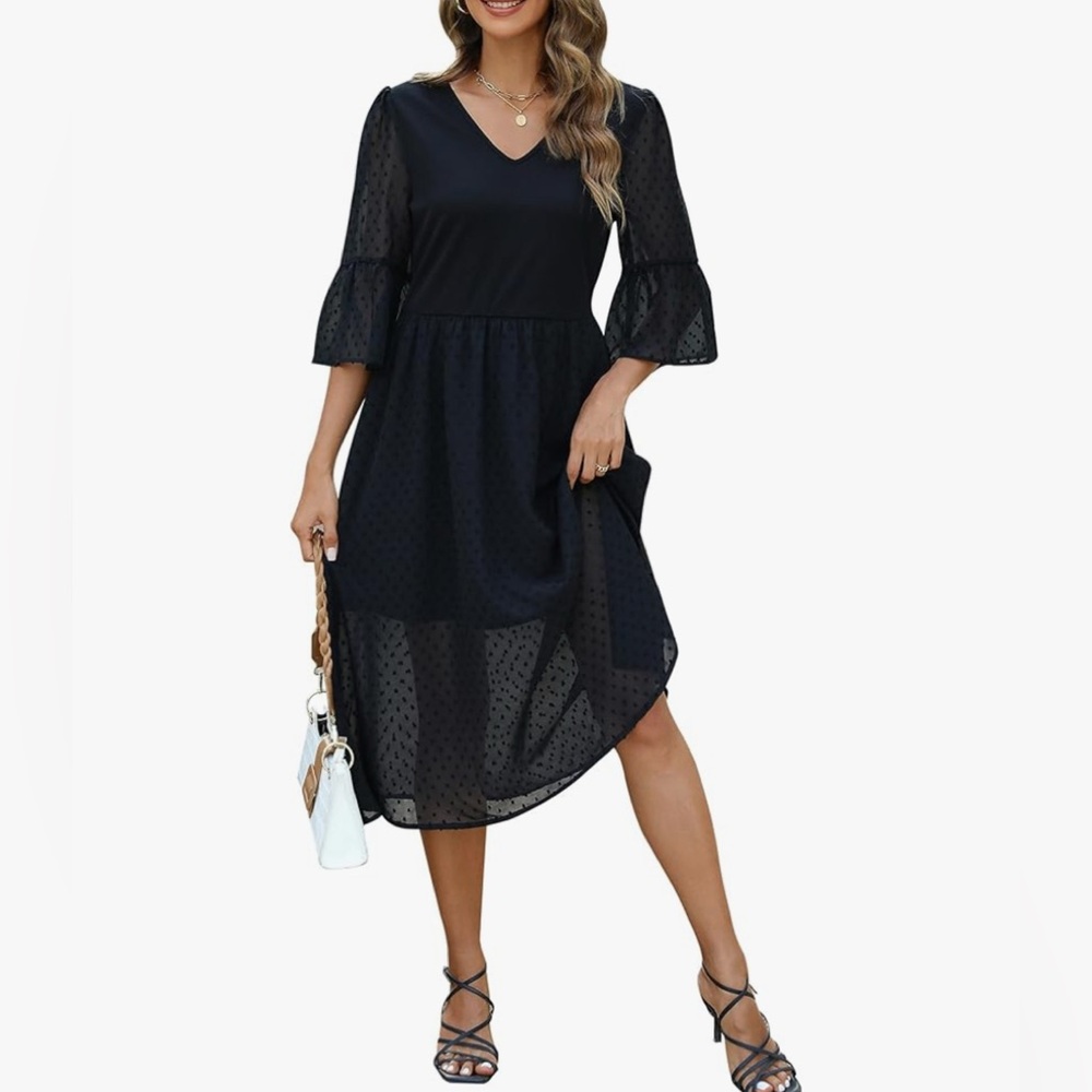 Blooming Jelly Bell Sleeve V Neck Swiss Dot Black Midi Dress Size L